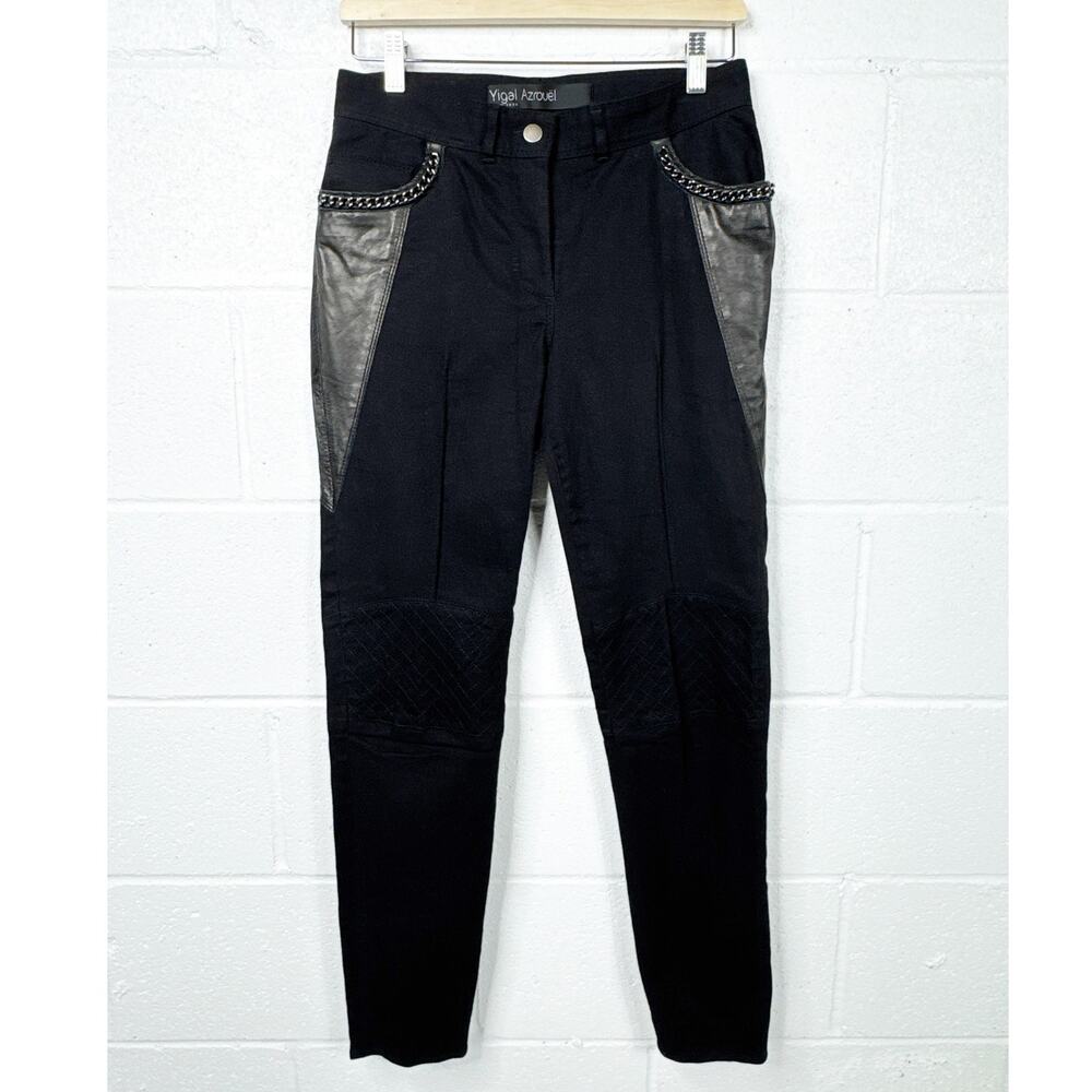 Yigal Azrouel Black Lamb Leather Cotton Chain Detail Pants Women’s Size 6‎